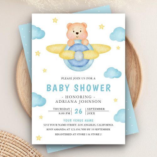 Cute Blue Airplane Boy Teddy Bear Baby Shower Invitation