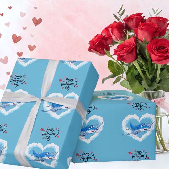 Cute Blue Airplane & Clouds, Kids Valentine's Day Wrapping Paper (Creator Uploaded)