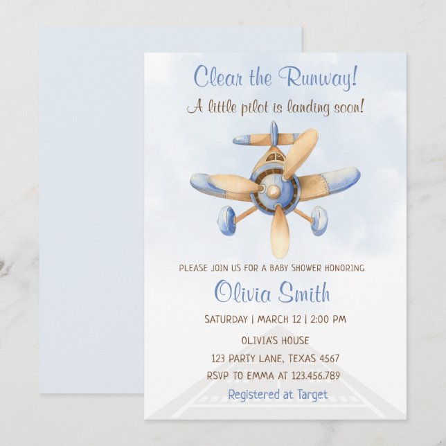 Cute Blue Airplane Runway Pilot Baby Shower Invitation (Front/Back)