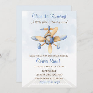 Cute Blue Airplane Runway Pilot Baby Shower Invitation