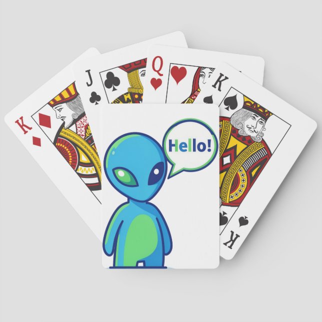Cute Blue Alien Saying Hello Poker Cards (Back)