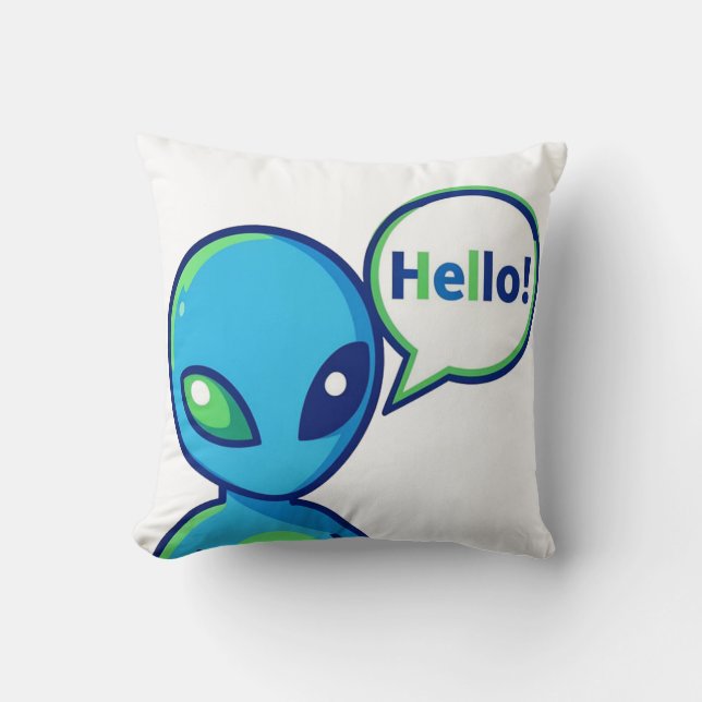 Cute Blue Alien Saying Hello Throw Pillow (Front)