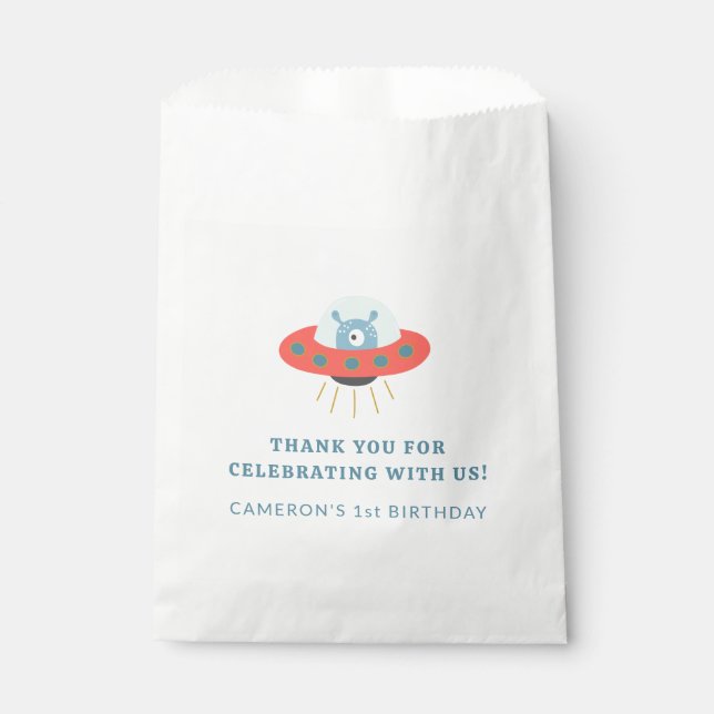 Cute Blue Alien Spaceship 1st Birthday Custom Favor Bag (Front)
