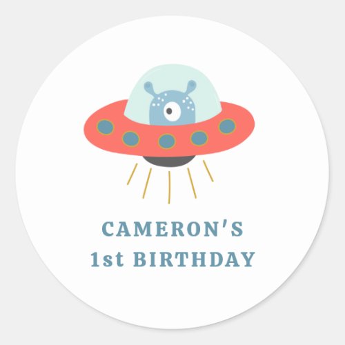 Cute Blue Alien Spaceship 1st Birthday Party  Classic Round Sticker