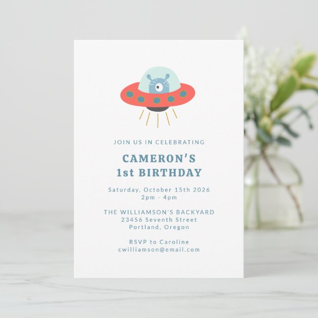 Cute Blue Alien Spaceship 1st Birthday Party Invitation (Standing Front)