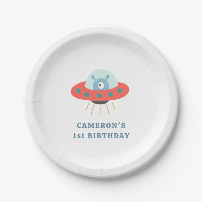 Cute Blue Alien Spaceship 1st Birthday Party Paper Plates (Front)