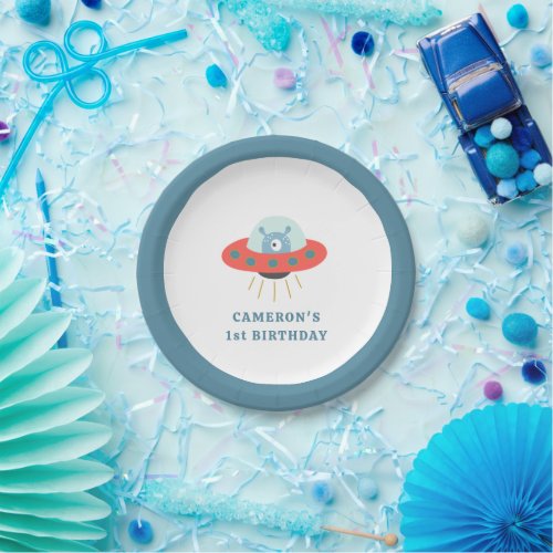 Cute Blue Alien Spaceship Kids Birthday Party Paper Plates