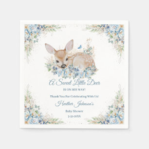 Cute Blue and Beige Floral Deer Baby Shower Napkins