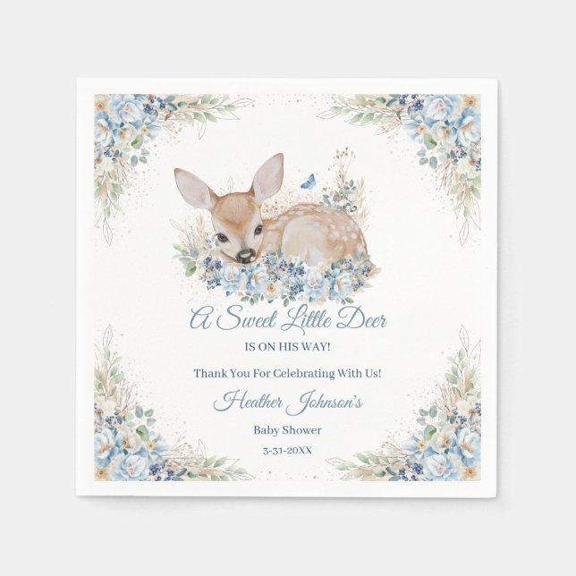 Cute Blue and Beige Floral Deer Baby Shower Napkins (Front)