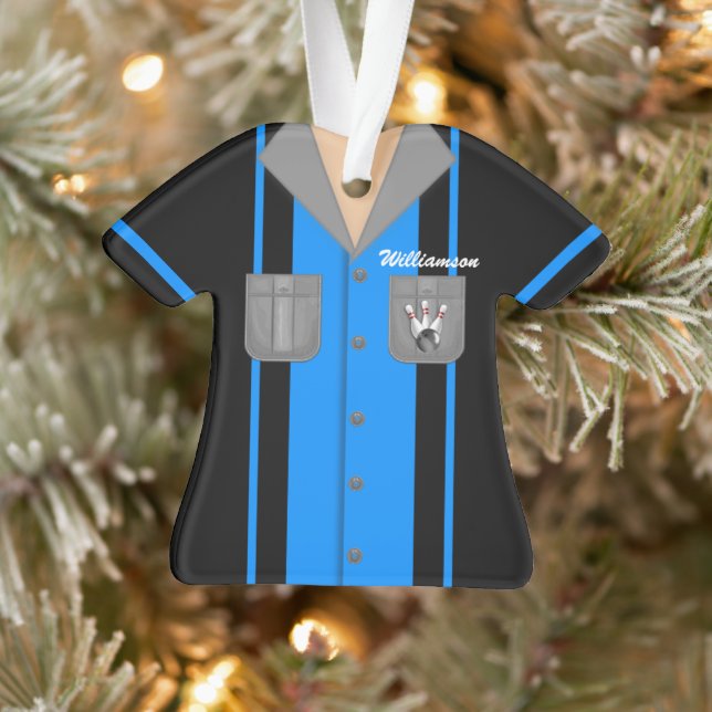 Cute Blue and Black Bowling Shirt Ornament (Tree)