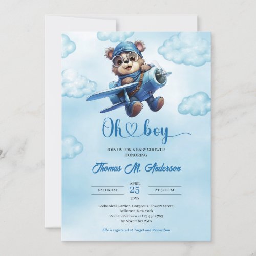 Cute blue and brown boy teddy bear aviator invitation