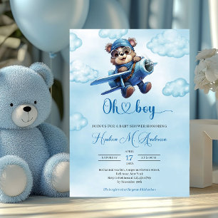 Cute blue and brown boy teddy bear aviator invitation