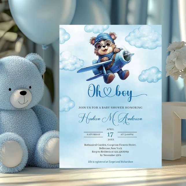 Cute blue and brown boy teddy bear aviator invitation (teddy bear pilot - oh boy baby shower invitation)