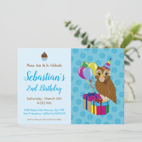 Cute Blue and Brown Owl 2nd Birthday Party  Invitation