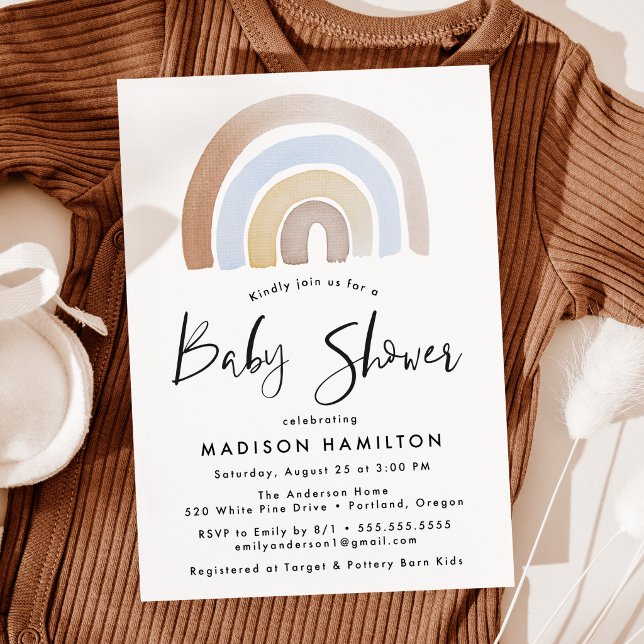 Cute Blue and Brown Watercolor Rainbow Baby Shower Invitation
