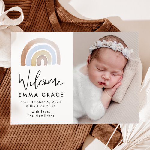 Cute Blue and Brown Watercolor Rainbow Birth Announcement