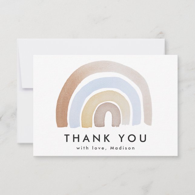 Cute Blue and Brown Watercolor Rainbow Thank You Card (Front)