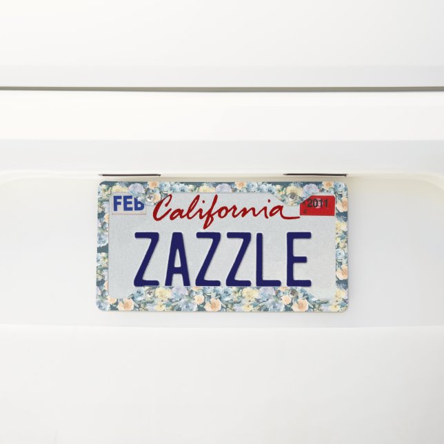 Cute Blue and Cream Floral License Plate Frame  (On Car)