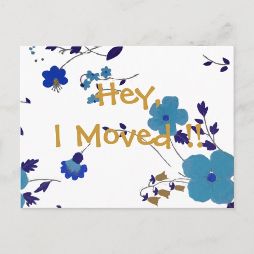 Cute Blue and Gold Flowers New Address Announcement Postcard