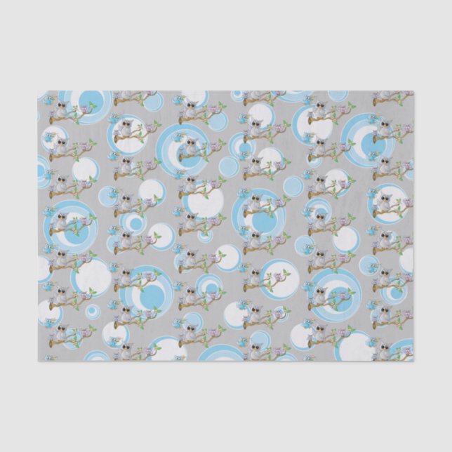 Cute Blue and Gray Baby Owls | Shower Theme Tissue Paper (Front)