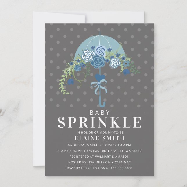 Cute Blue and Gray Floral Umbrella Baby Shower  Invitation (Front)