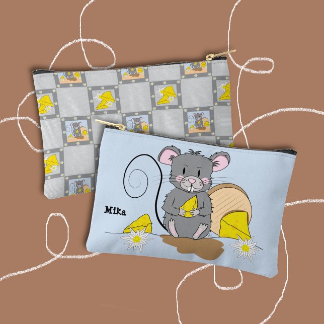 Cute Blue and Gray Zipper Pouch with Cartoon Mouse (Cute blue and gray zipper pouch featuring a cartoon mouse eating cheese . (Front and back views) . 
)