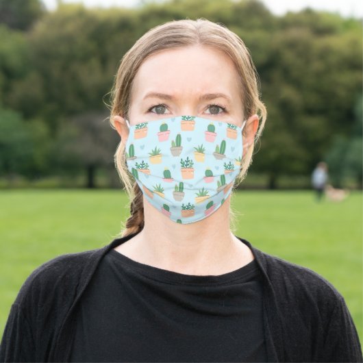 Cute Blue And Green Cactus Plant Pattern Adult Cloth Face Mask (Outside)