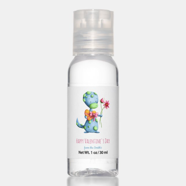 Cute Blue and Green Dinosaur Valentine's Day Hand Sanitizer (Front)