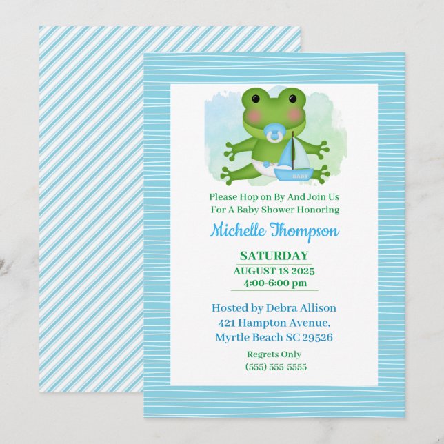 Cute Blue and Green Frog Baby Shower  Invitation (Front/Back)