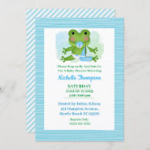 Cute Frog Blue Green Plaid Baby Shower Invitations