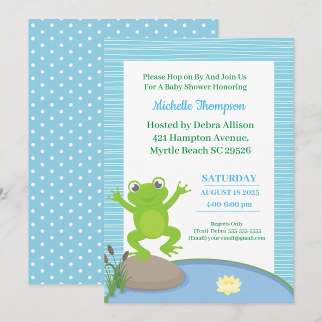 Cute Blue and Green Frog Baby Shower Invitation (Front/Back)