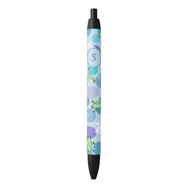 Cute Blue and Green Frogs Custom Monogram Initial Pen (Front Vertical)