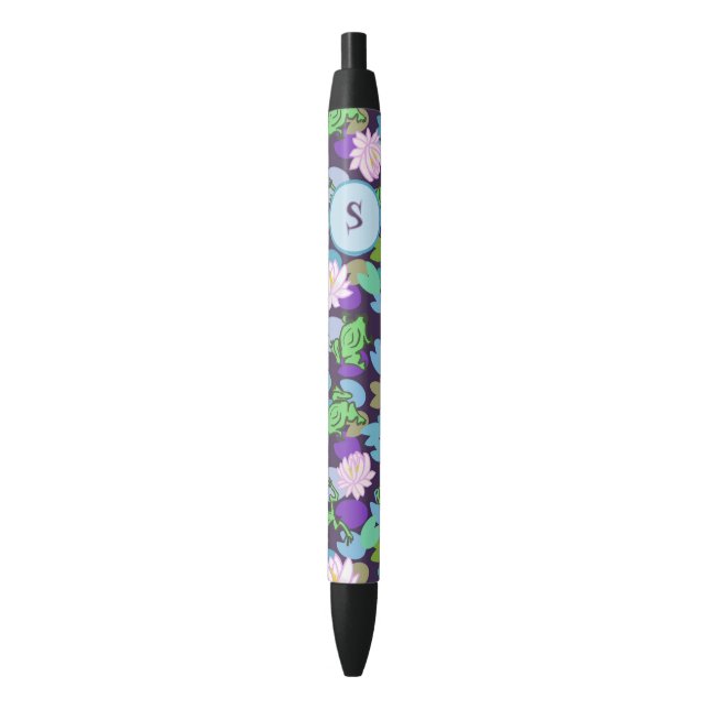 Cute Blue and Green Frogs Custom Monogram Initial Pen (Front Vertical)