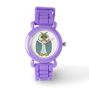 Cute Blue And Green Owl Illustration Watch