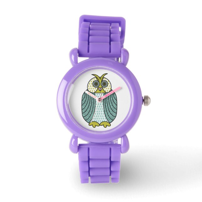 Cute Blue And Green Owl Illustration Watch (Front)