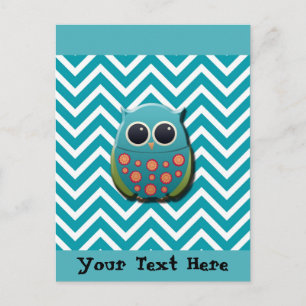 Cute Blue and Green Owl on Blue and White Chevron Postcard