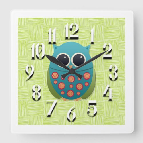 Cute Blue and Green Owl on Green White Wall Clock