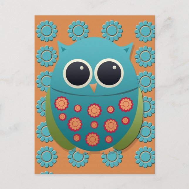 Cute Blue and Green Owl on Orange and Blue Flowers Postcard (Front)