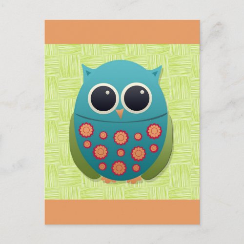 Cute Blue and Green Owl with Red and Yellow Flower Postcard