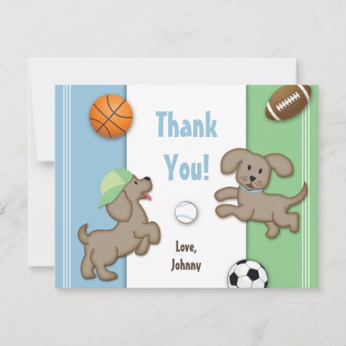 Cute Blue and Green Sporty Puppy Note Card Invitation