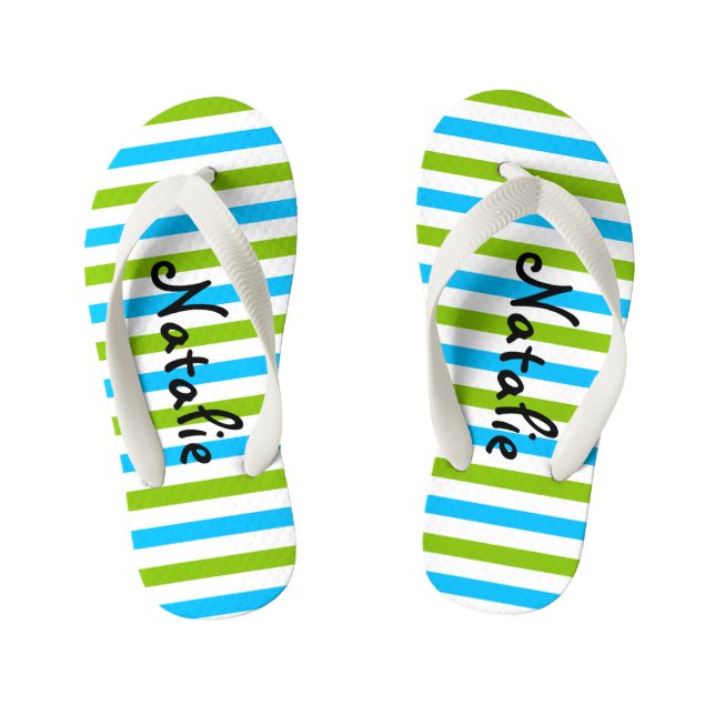 Cute Blue and Green Stripe Personalized Kid's Flip Flops (Footbed)