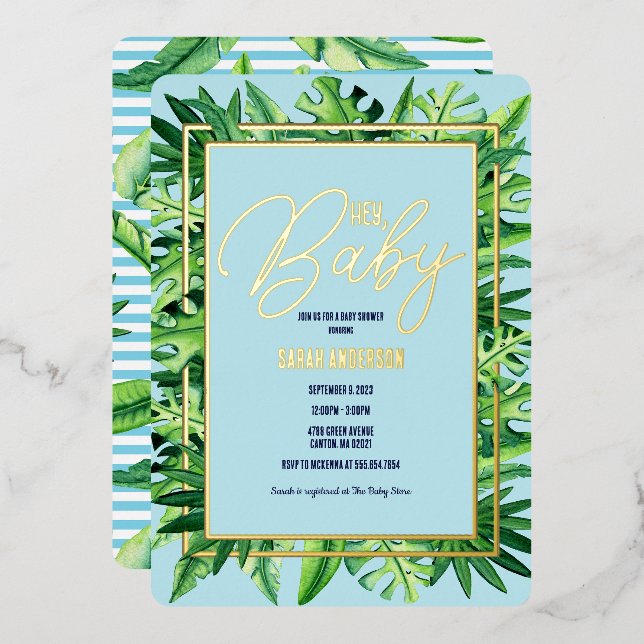 Cute Blue and Green Tropical Hey Baby Shower Foil Invitation (Front/Back)