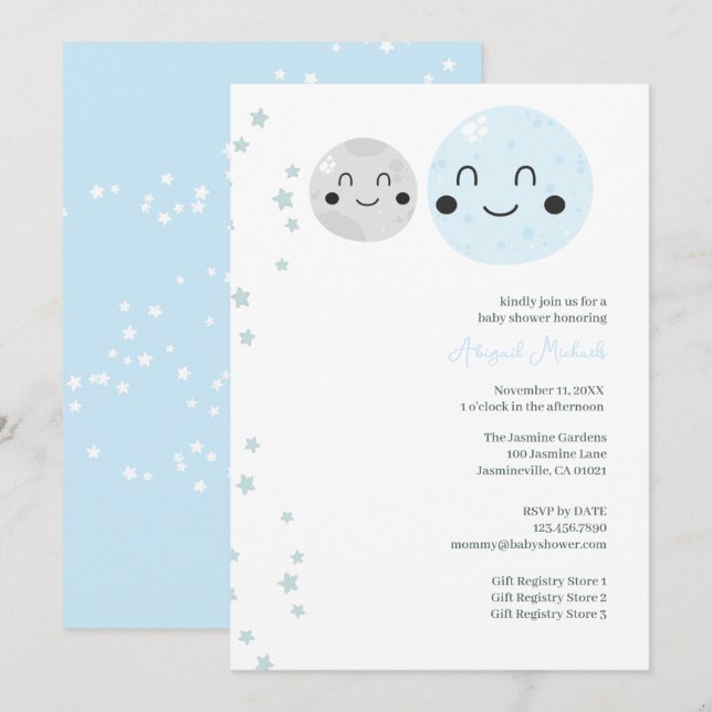 Cute Blue and Grey Planets Baby Girl Shower Invitation (Front/Back)