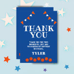 Cute Blue and Orange Sports Basketball Birthday Thank You Card<br><div class="desc">Cute Blue and Orange Sports Basketball Birthday Thank You Card. Basketball themed thank you card for kids - girl and boy. The design has basketballs and bunting flags in orange and white colors. The background is blue. Personalize the card with your child`s name. You can also change the thank you...</div>