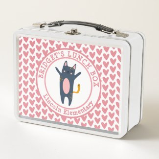 Cute Blue and Pink Cat - Personalized Girls Metal Lunch Box
