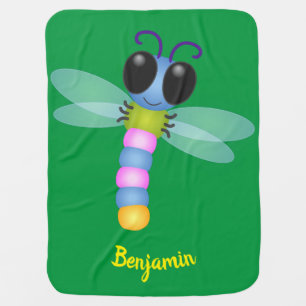 Cute blue and pink dragonfly cartoon illustration baby blanket