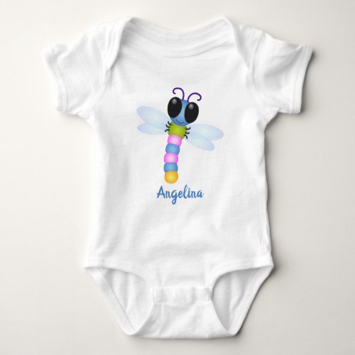 Cute blue and pink dragonfly cartoon illustration baby bodysuit