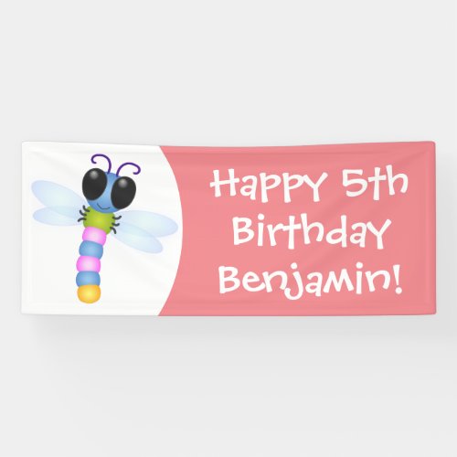 Cute blue and pink dragonfly cartoon illustration banner