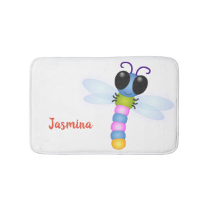 Cute blue and pink dragonfly cartoon illustration bath mat