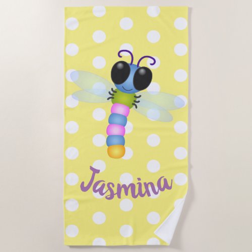 Cute blue and pink dragonfly cartoon illustration beach towel